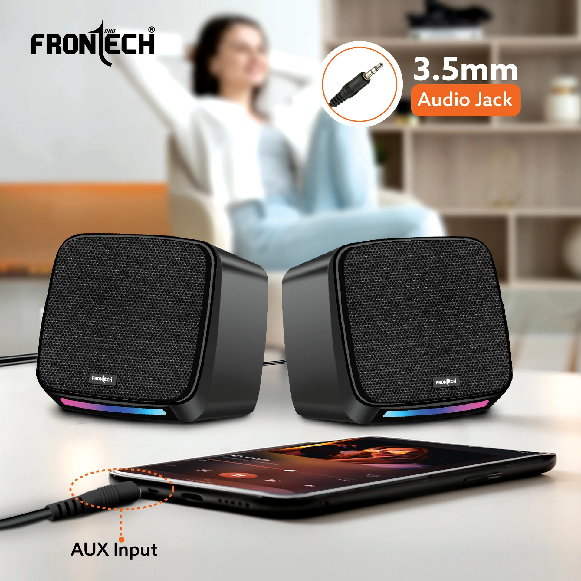 Frontech SPK-0007 6W USB-Powered 3.5mm AUX RGB Lights 2.0 Multimedia Black Laptop, Desktop Speakers - Image 4