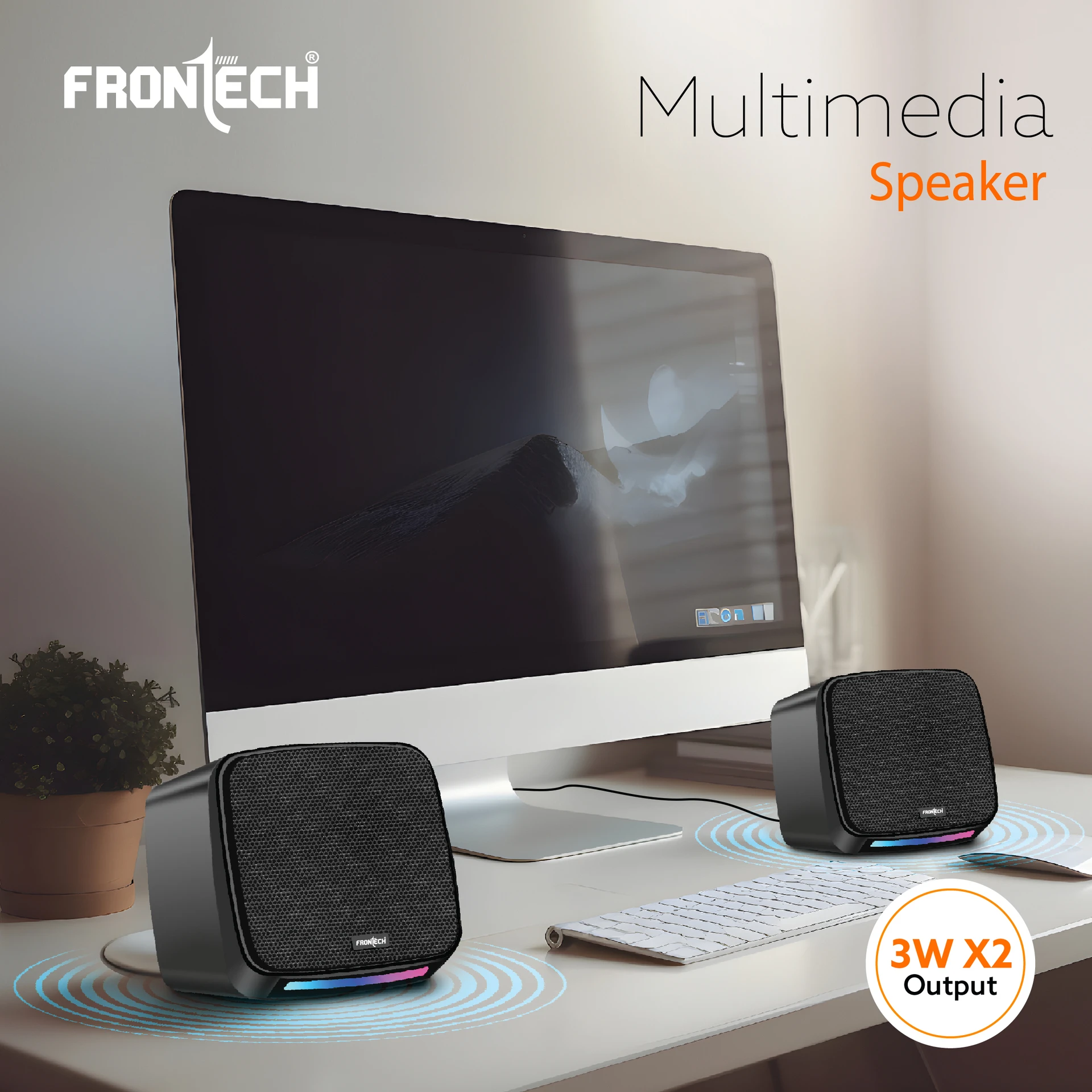 Frontech SPK-0007 6W USB-Powered 3.5mm AUX RGB Lights 2.0 Multimedia Black Laptop, Desktop Speakers - Image 2