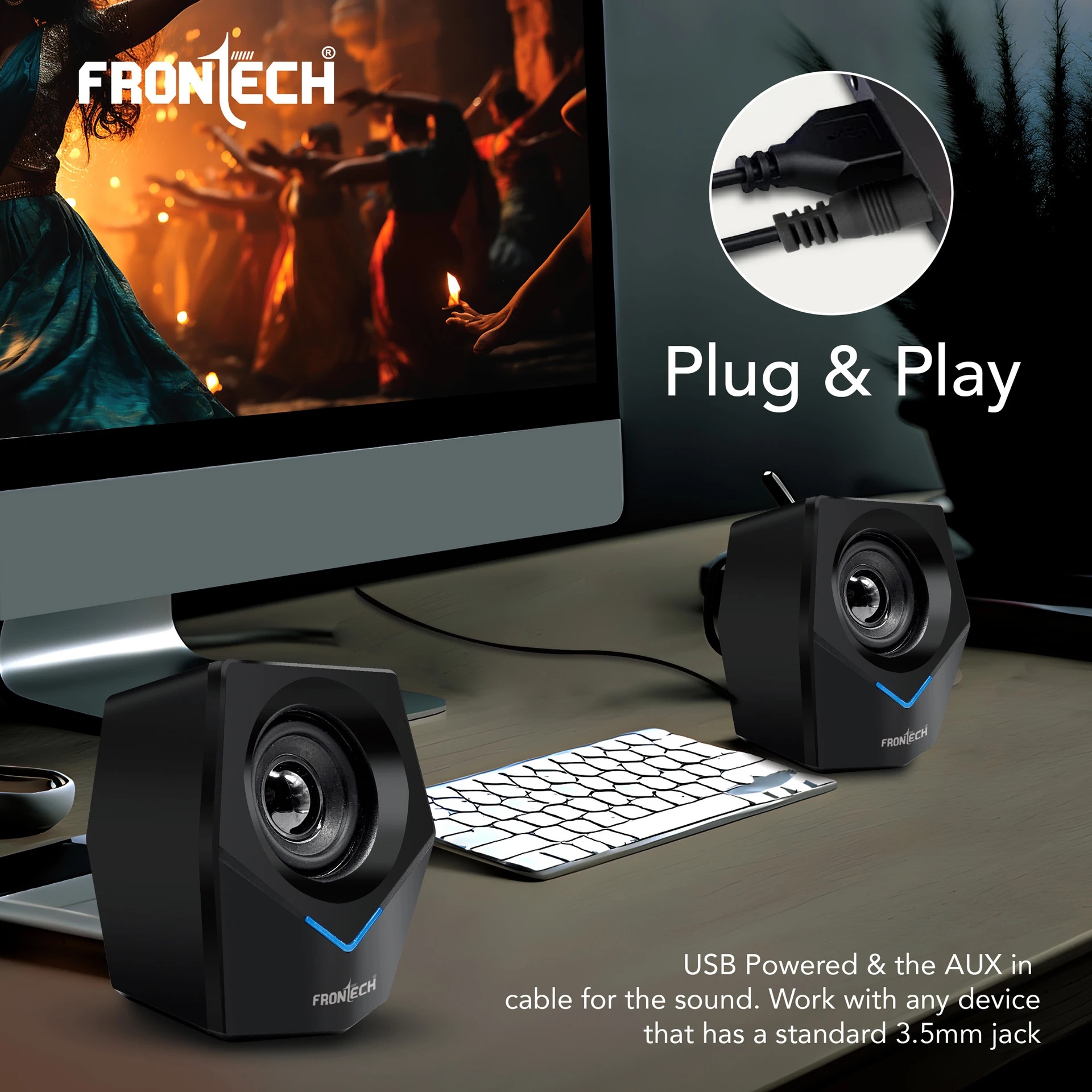 Frontech SPK-0011 10W USB-Powered 3.5mm AUX Blue LED Lighting 2.0 Multimedia Black Laptop, Desktop Speakers - Image 5