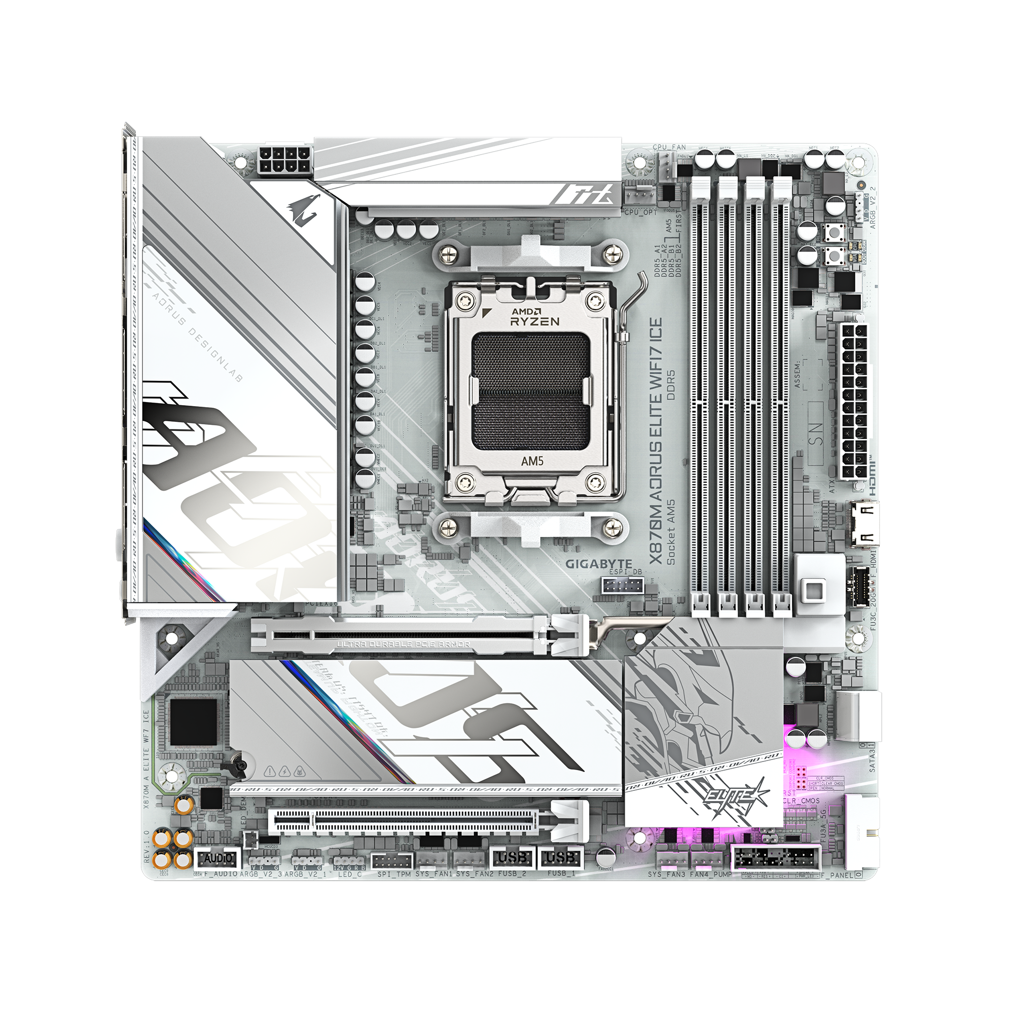 Gigabyte X870M AORUS ELITE WIFI7 ICE Micro ATX Motherboard ( AMD Socket AM5 , Support AMD Ryzen 9000 , 8000 , 7000 Series Processors , 4 x DDR5 RAM Slots, Max 256GB RAM Support ) - Image 2
