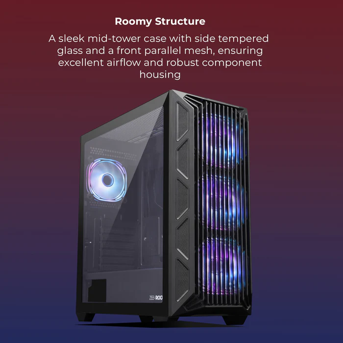 Zebronics Zeb Rogue Black E-ATX Mid Tower Tempered Glass Panel Gaming Cabinet With Pre-Installed ARGB Fans - Image 2