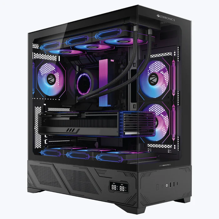 Zebronics Zeb Invicta 10 Black ATX Mid Tower 270° Wraparound Tempered Glass Panel LED Temperature Display Gaming Cabinet With Pre-Installed ARGB Fans