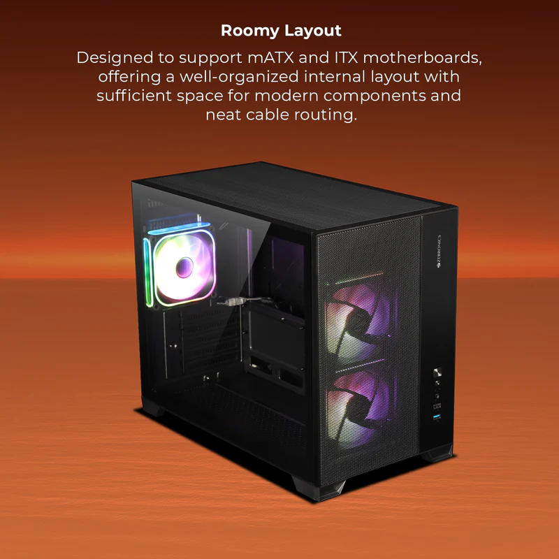 Zebronics Zeb Mercury 20 Black mATX Cube Premium Tempered Glass Panel Gaming Cabinet With Pre-Installed ARGB Fans - Image 8