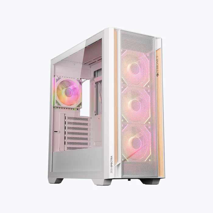 Zebronics Zeb Spectra White E-ATX Mid Tower Tempered Glass Panel Gaming Cabinet With Pre-Installed ARGB Fans