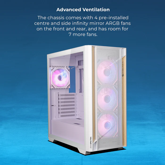 Zebronics Zeb Spectra White E-ATX Mid Tower Tempered Glass Panel Gaming Cabinet With Pre-Installed ARGB Fans - Image 6