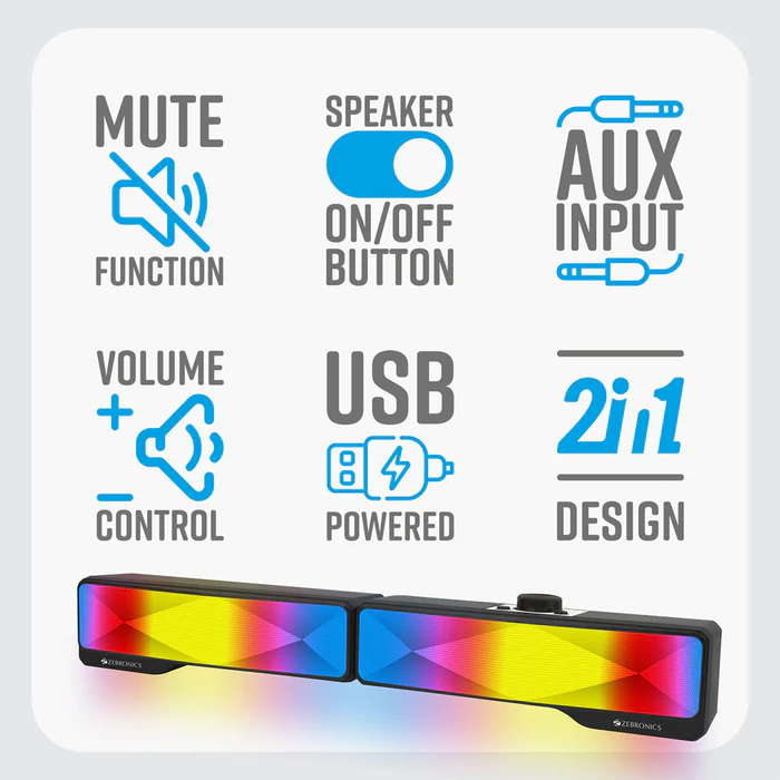 Zebronics Zeb Wonderbar 20 10W USB Powered AUX Connectivity Black Laptop/Desktop Speaker With 10 RGB Modes + 1 OFF Mode - Image 6