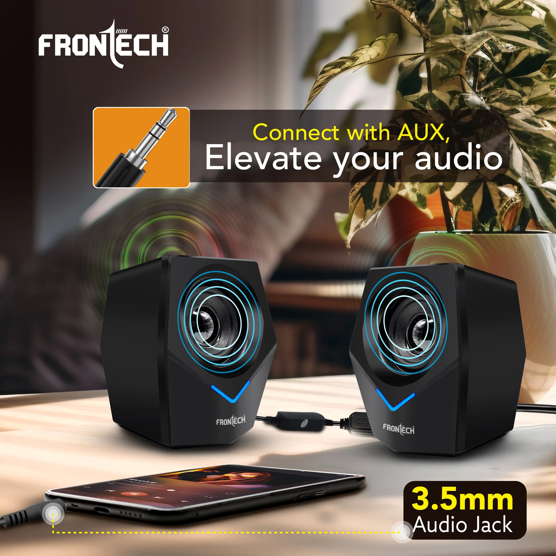 Frontech SPK-0011 10W USB-Powered 3.5mm AUX Blue LED Lighting 2.0 Multimedia Black Laptop, Desktop Speakers - Image 4