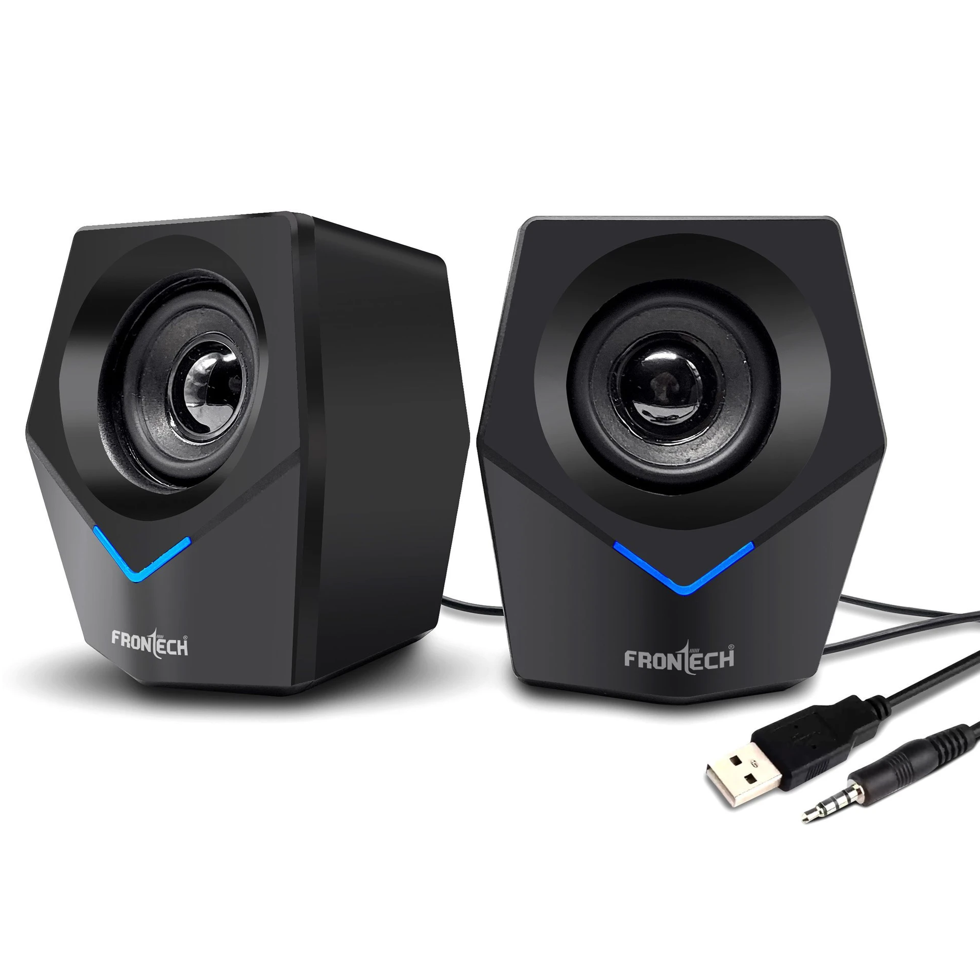 Frontech SPK-0011 10W USB-Powered 3.5mm AUX Blue LED Lighting 2.0 Multimedia Black Laptop, Desktop Speakers