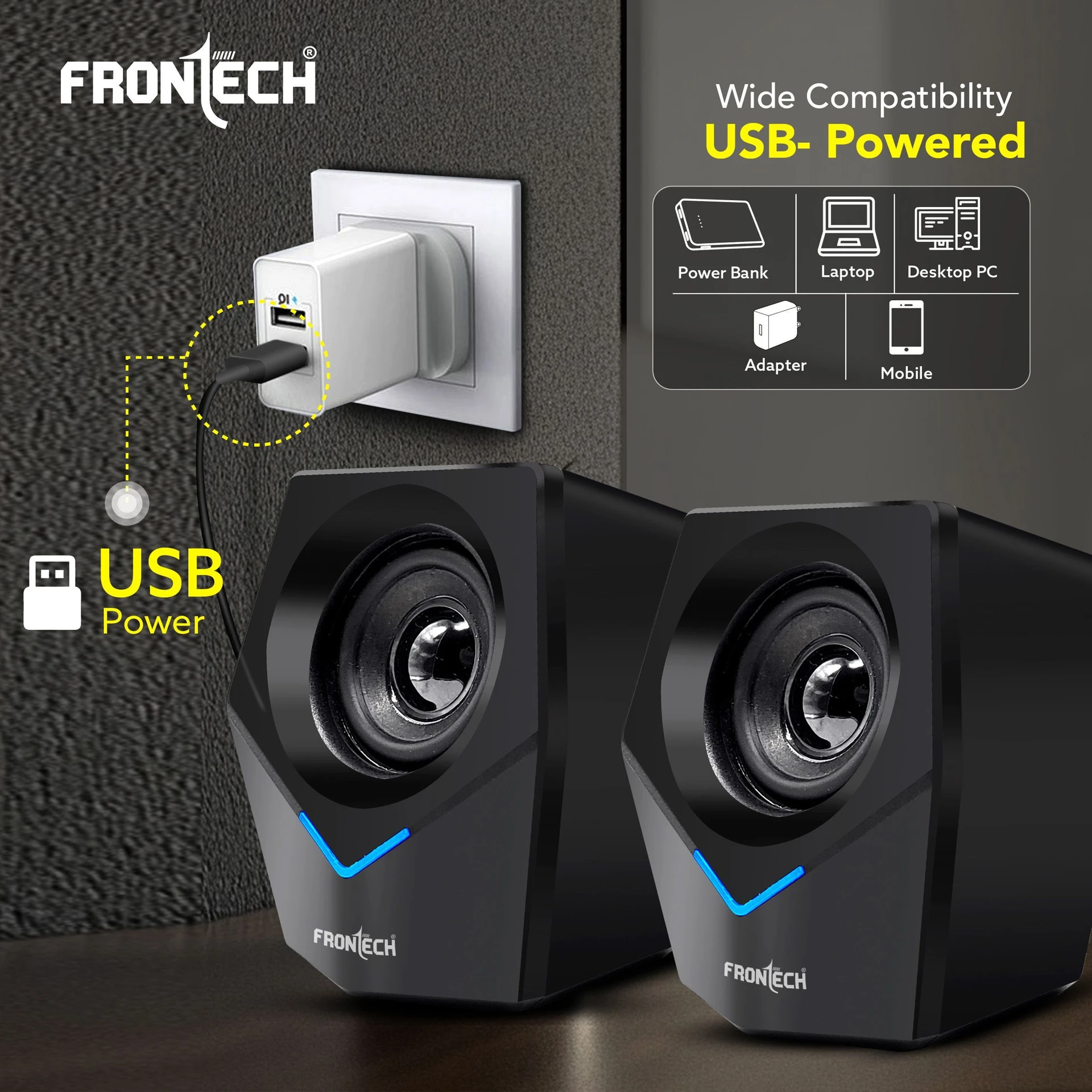 Frontech SPK-0011 10W USB-Powered 3.5mm AUX Blue LED Lighting 2.0 Multimedia Black Laptop, Desktop Speakers - Image 2