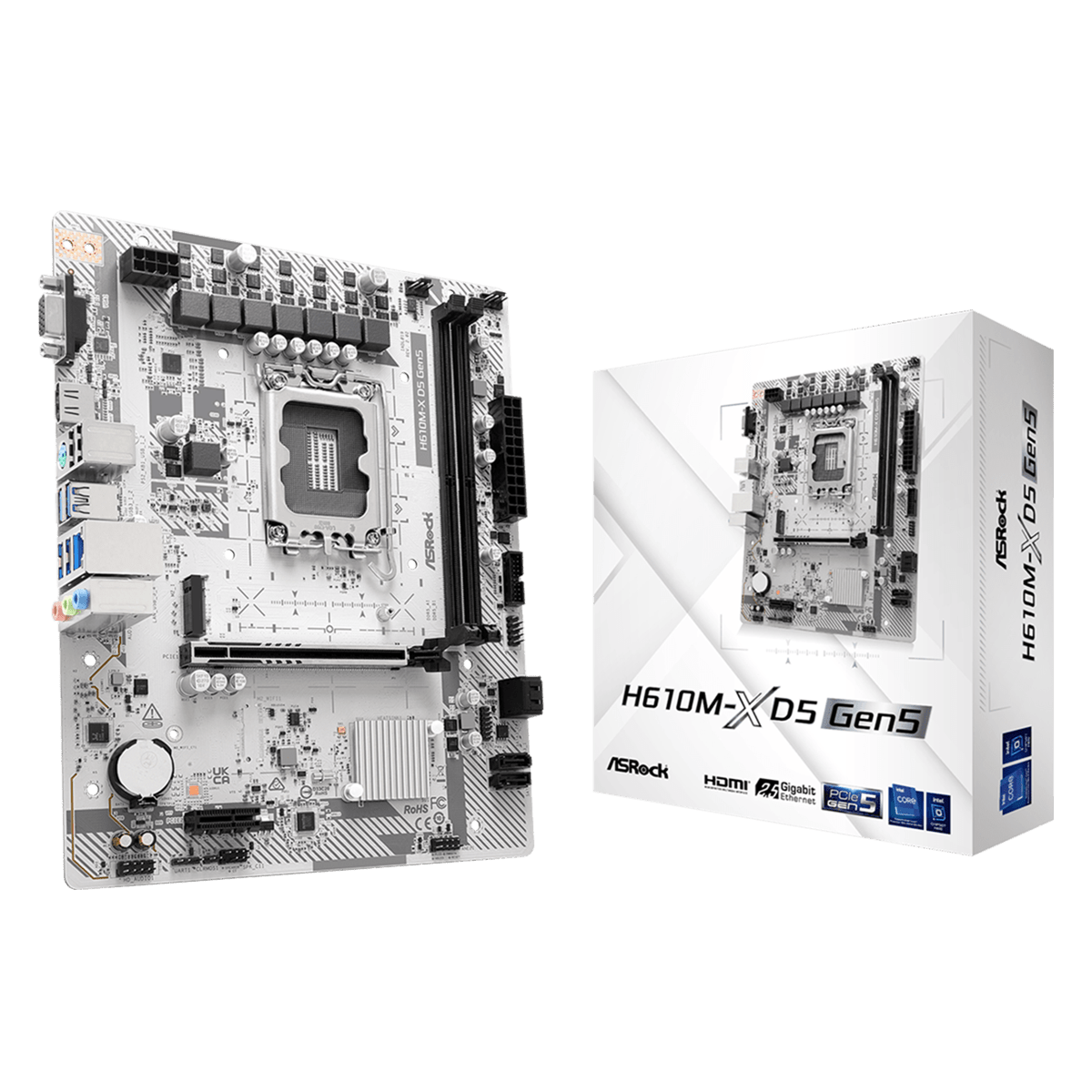 ASRock H610M-X D5 Gen5 Micro ATX Motherboard ( Intel Socket LGA1700, Supports Intel 14th, 13th & 12th Gen Intel Core Processors, 2 x DDR5 RAM Slots, Max 128GB RAM Support )
