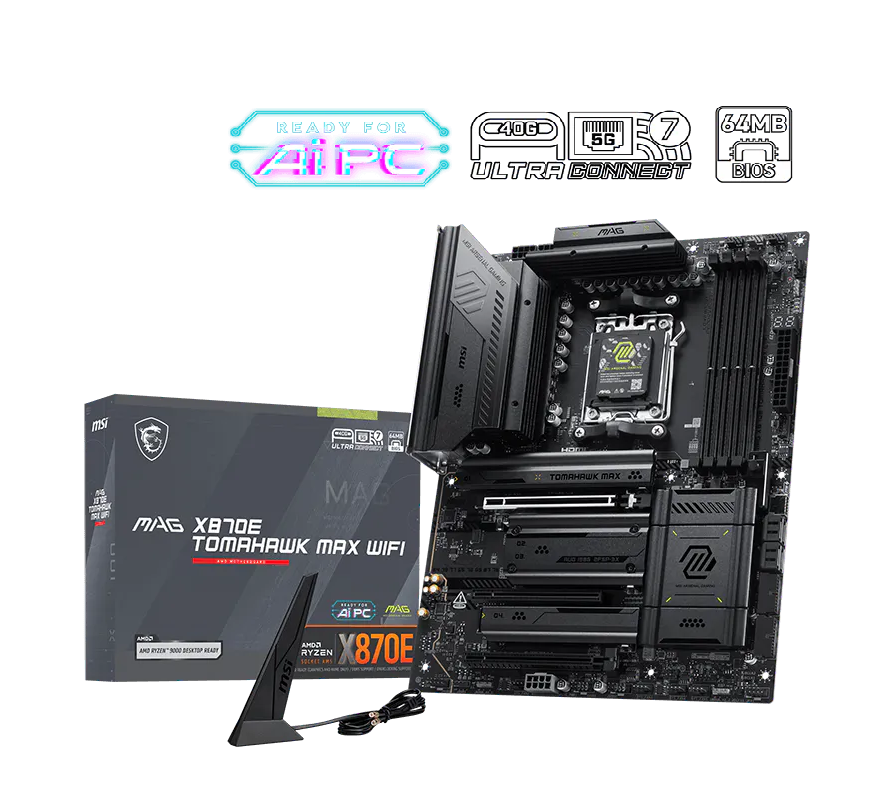 MSI MAG X870E TOMAHAWK MAX WIFI ATX Motherboard ( AMD Socket AM5, Supports AMD Ryzen 9000, 8000, 7000 Series Desktop Processors, 4x DDR5 RAM Slots, Max 256GB RAM )