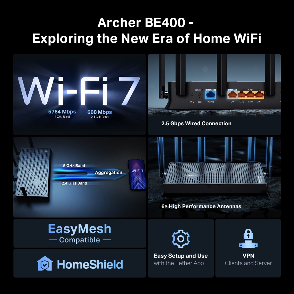TP-Link Archer BE400 BE6500 Dual-Band Wi-Fi 7 Router With 6 High Performance Antennas for a Broader Coverage - Image 4