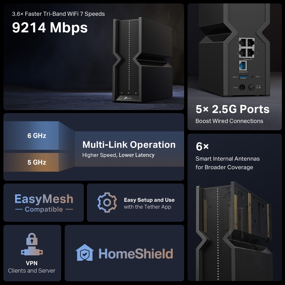 TP-Link Archer BE550 BE9300 Tri-Band Wi-Fi 7 Router With 6 High Gain Internal Antennas - Image 4