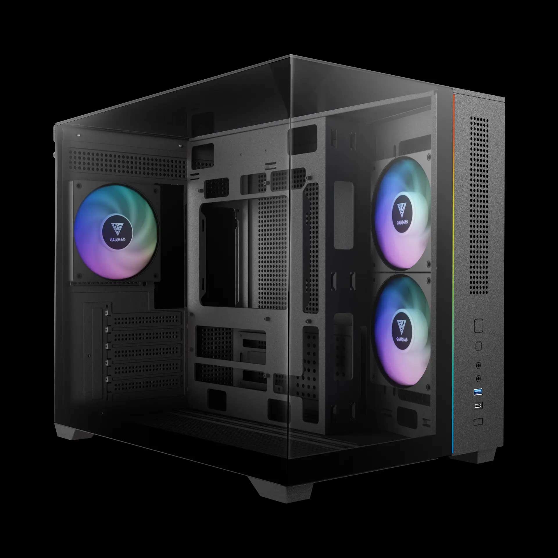 Gamdias Atlas M3M Micro-ATX Mini Tower Three-sided Columnless Tempered Glass Black Pc Cabinet With PWM ARGB Fans - Image 2