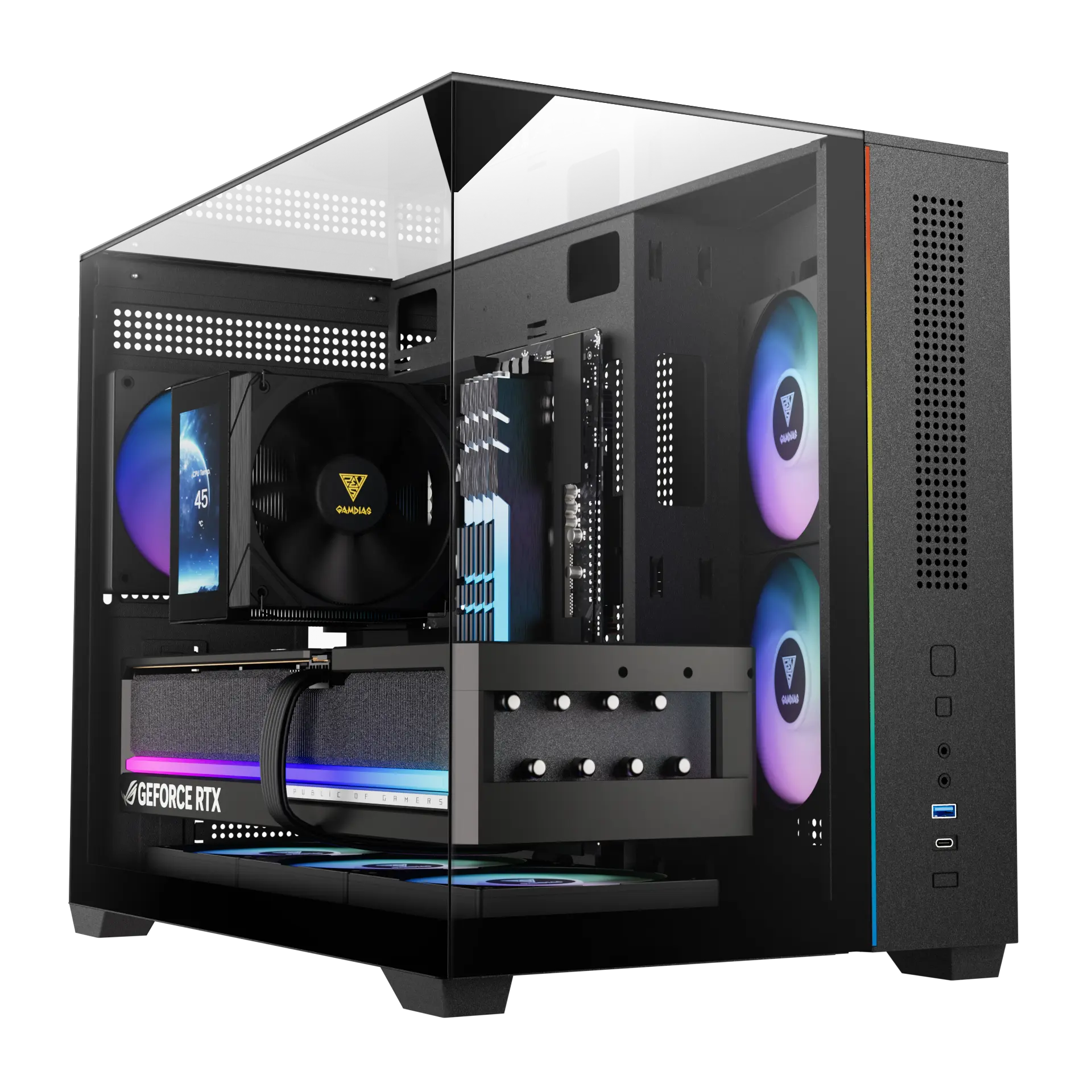 Gamdias Atlas M3M Micro-ATX Mini Tower Three-sided Columnless Tempered Glass Black Pc Cabinet With PWM ARGB Fans