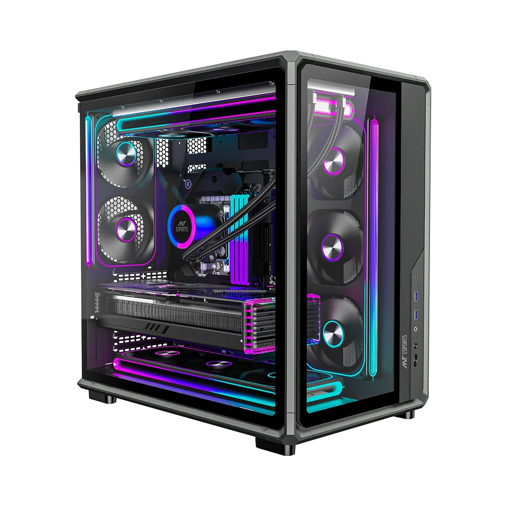 Ant Esports Crystal X8 Frame ATX Mid Tower Tempered Glass Gaming Black Pc Cabinet With Pre-Installed Mono Frame Fans