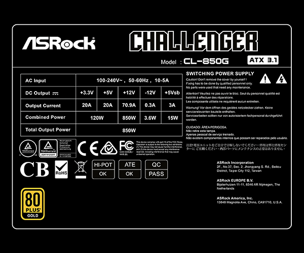 ASRock Challenger CL-850G 850W 80 Plus Gold Certified Non-Modular ATX3.1 & PCIe5.1 Ready Power Supply Unit - Image 7