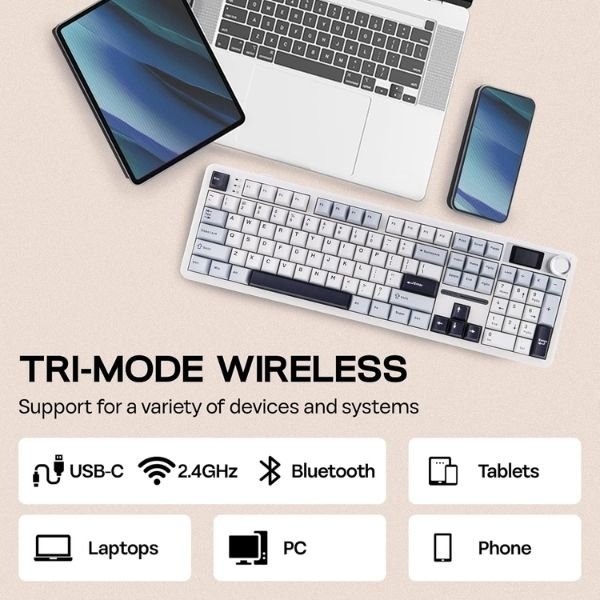 Aula F108PRO Ice Blue Tri-Mode Full Size Wireless Reaper Switch Mechanical Gaming Keyboard With Screen & Knob ( F108ProIUR ) - Image 6