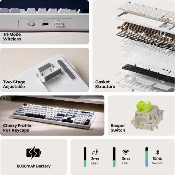 Aula F108PRO Ice Blue Tri-Mode Full Size Wireless Reaper Switch Mechanical Gaming Keyboard With Screen & Knob ( F108ProIUR ) - Image 2