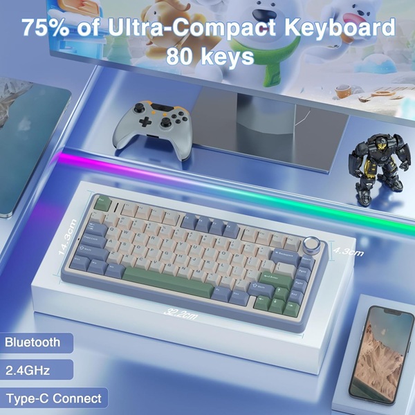 Aula F75 75% Wireless Trio Mode Mechanical Gaming Keyboard With Knob Cedar Green, Ice Vein Switch ( F75CGV ) - Image 4