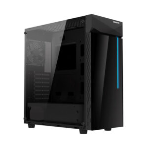 Gigabyte C200 Glass ATX Mid Tower Full-Size Black Tempered Glass Panel Stylish RGB Light Black Pc Cabinet With Pre Installed Fan ( GB-C200G )