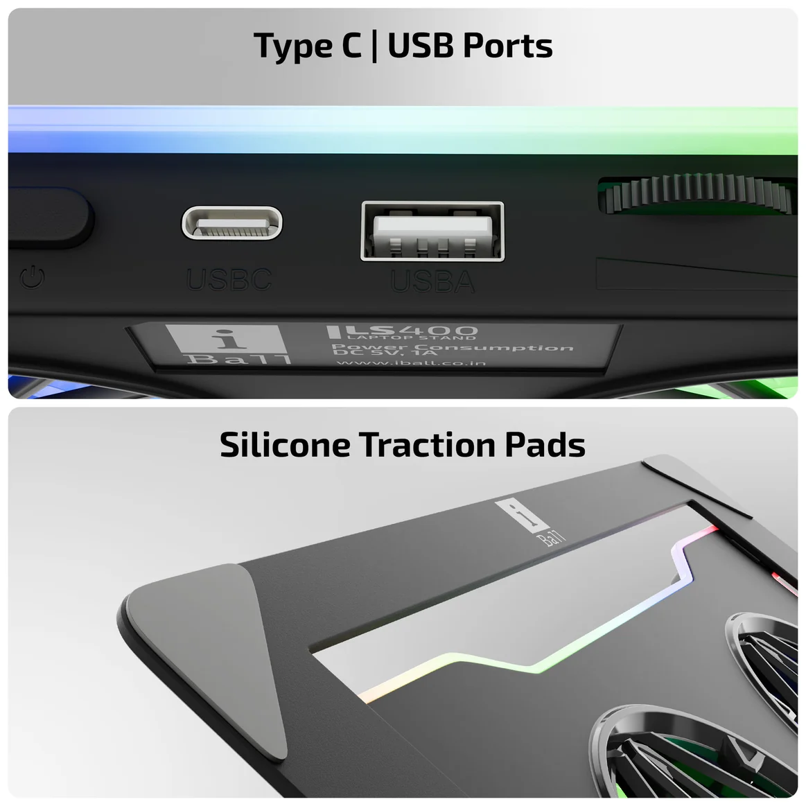 iBall LS400 Ergonomic 360° Seamless Swivel Dynamic RGB Effects Black Laptop Cooling Pad - Image 3