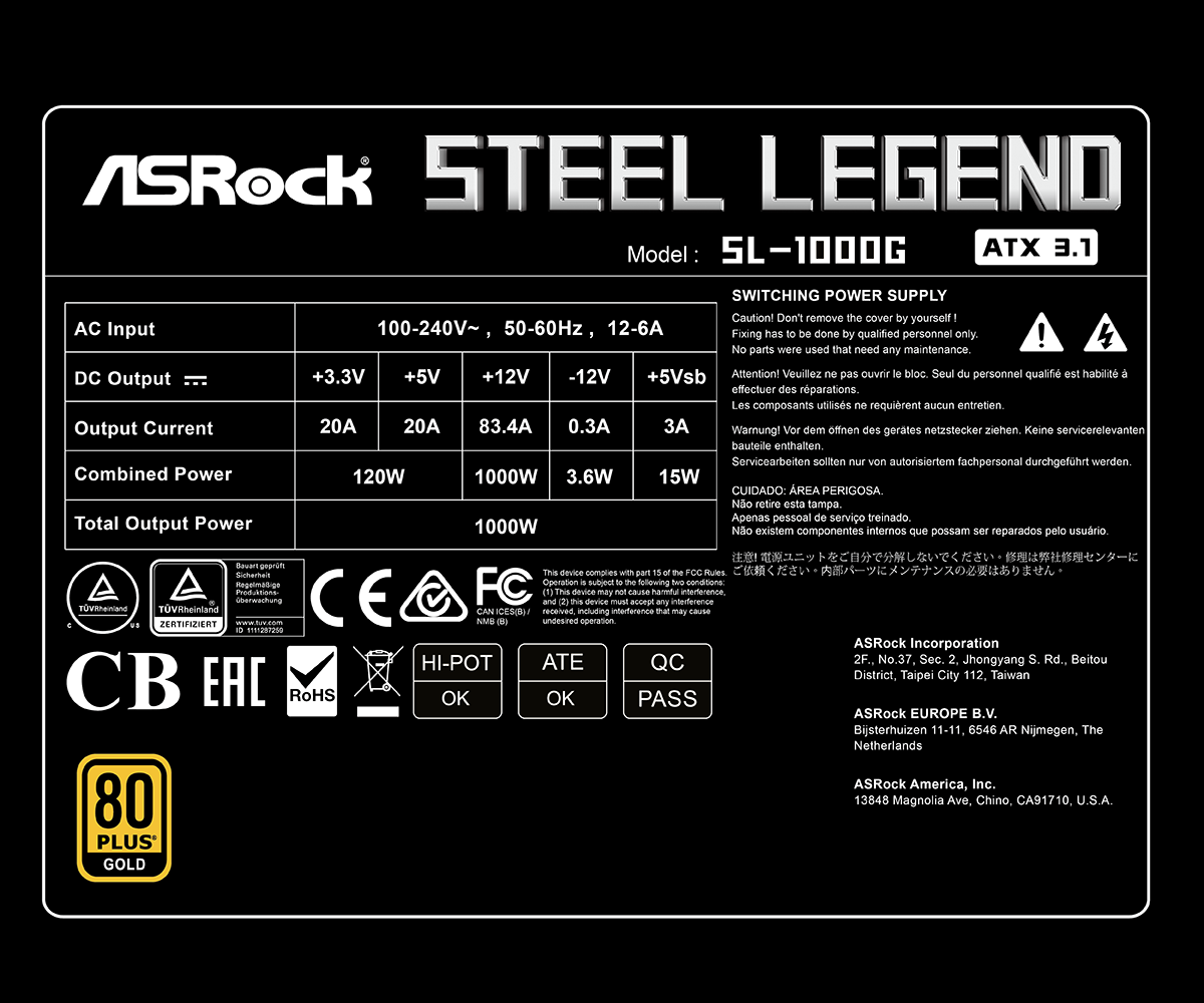 ASRock Steel Legend SL-1000G 1000W 80 Plus Gold Certified Fully Modular ATX3.1 & PCIe5.1 Ready Power Supply Unit - Image 8