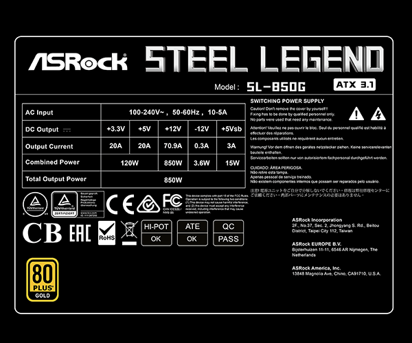 ASRock Steel Legend SL-850G 850 Watts 80 Plus Gold Certified Fully Modular Cable Design Power Supply Unit - Image 8
