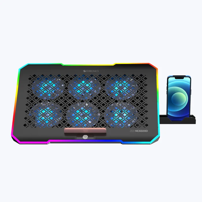 Zebronics Zeb NC6500D Black USB Powered Hexa 70mm Fans 5 Step Retractable Stand RGB Laptop Cooling Pad With Detachable Mobile Holder - Image 7