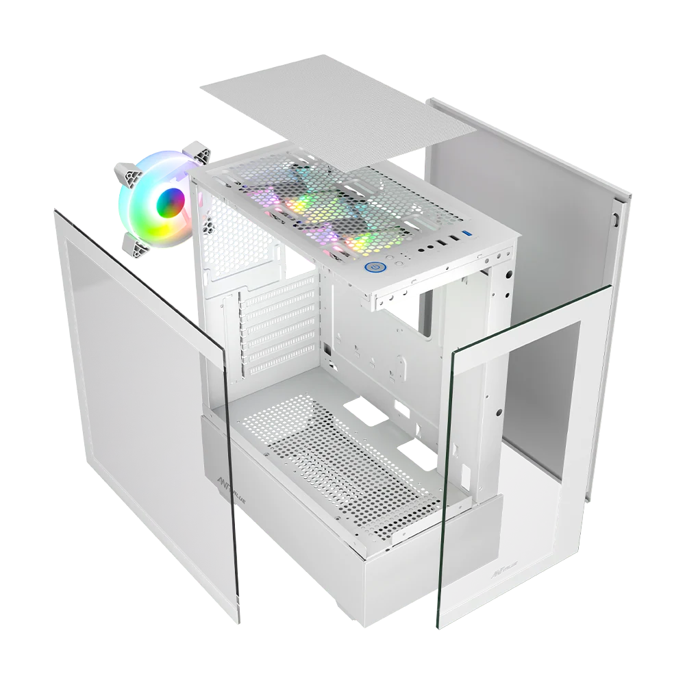 Ant Esports CV100 White ATX Mid Tower Tempered Glass Front & Side Panel Pc Cabinet With Pre-installed Rainbow LED Fans - Image 2