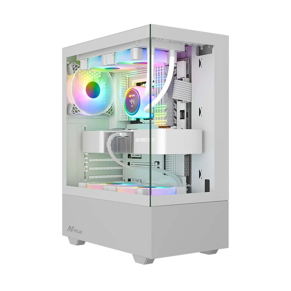 Ant Esports CV100 White ATX Mid Tower Tempered Glass Front & Side Panel Pc Cabinet With Pre-installed Rainbow LED Fans