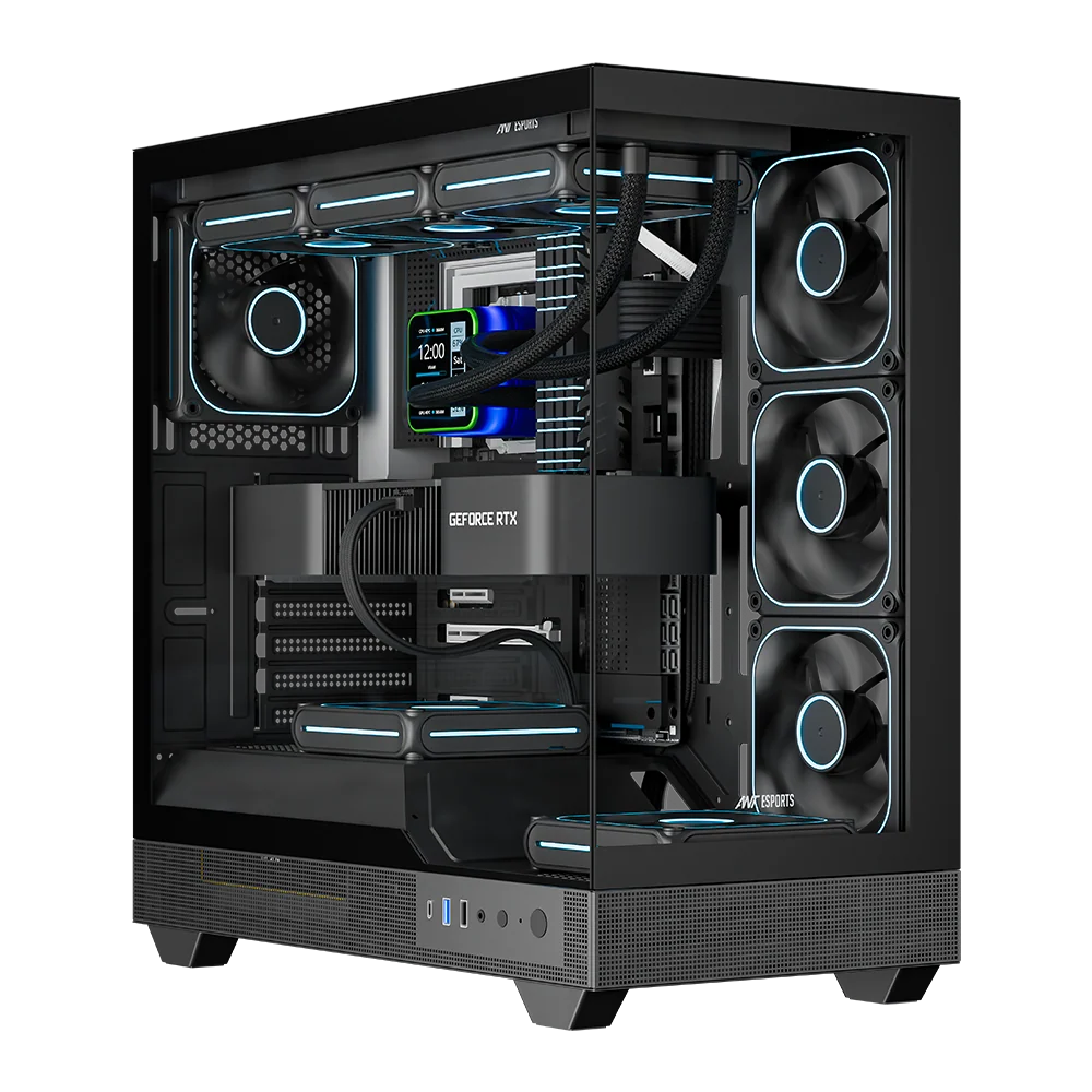 Ant Esports Crystal Neo ARGB E-ATX Mid Tower Tempered Glass Panel Black Pc Cabinet With Pre-installed ARGB Fans