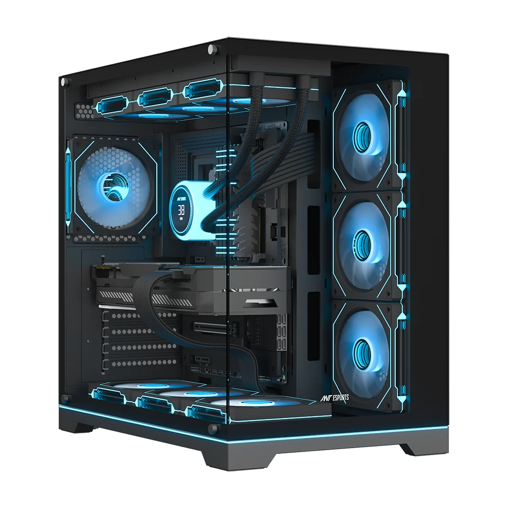 Ant Esports Crystal X7 Pro Max ARGB ATX Mid Tower Panoramic Visible 3-Side Tempered Glass Black Pc Cabinet With Infinite Mirror Fan