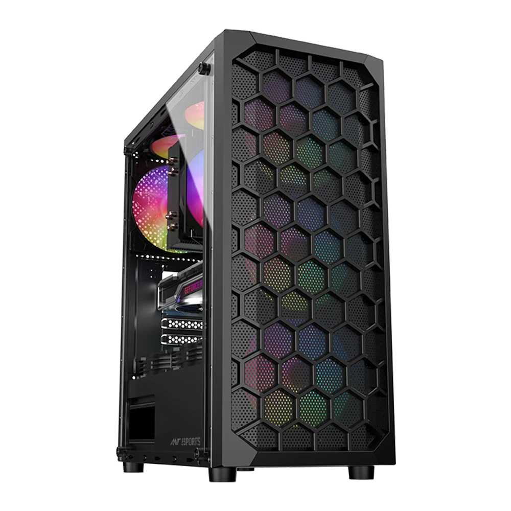 Ant Esports Elite 1120 Black ARGB ATX Mid Tower Tempered Glass Side Panel Gaming Pc Cabinet With Pre Installed RGB Fans