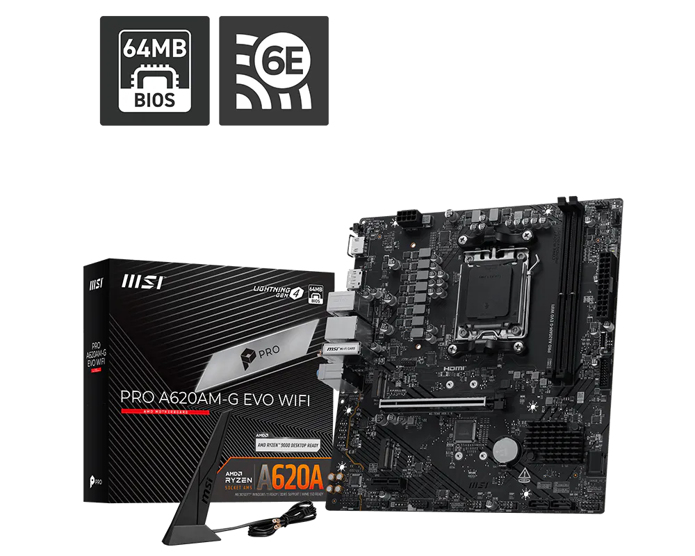 MSI PRO A620AM-G EVO WIFI mATX Motherboard ( AMD Socket AM5, Supports AMD Ryzen 9000/ 8000/ 7000 Series Desktop Processors, 2x DDR5 Ram Slots, Max 128GB Memory Support )