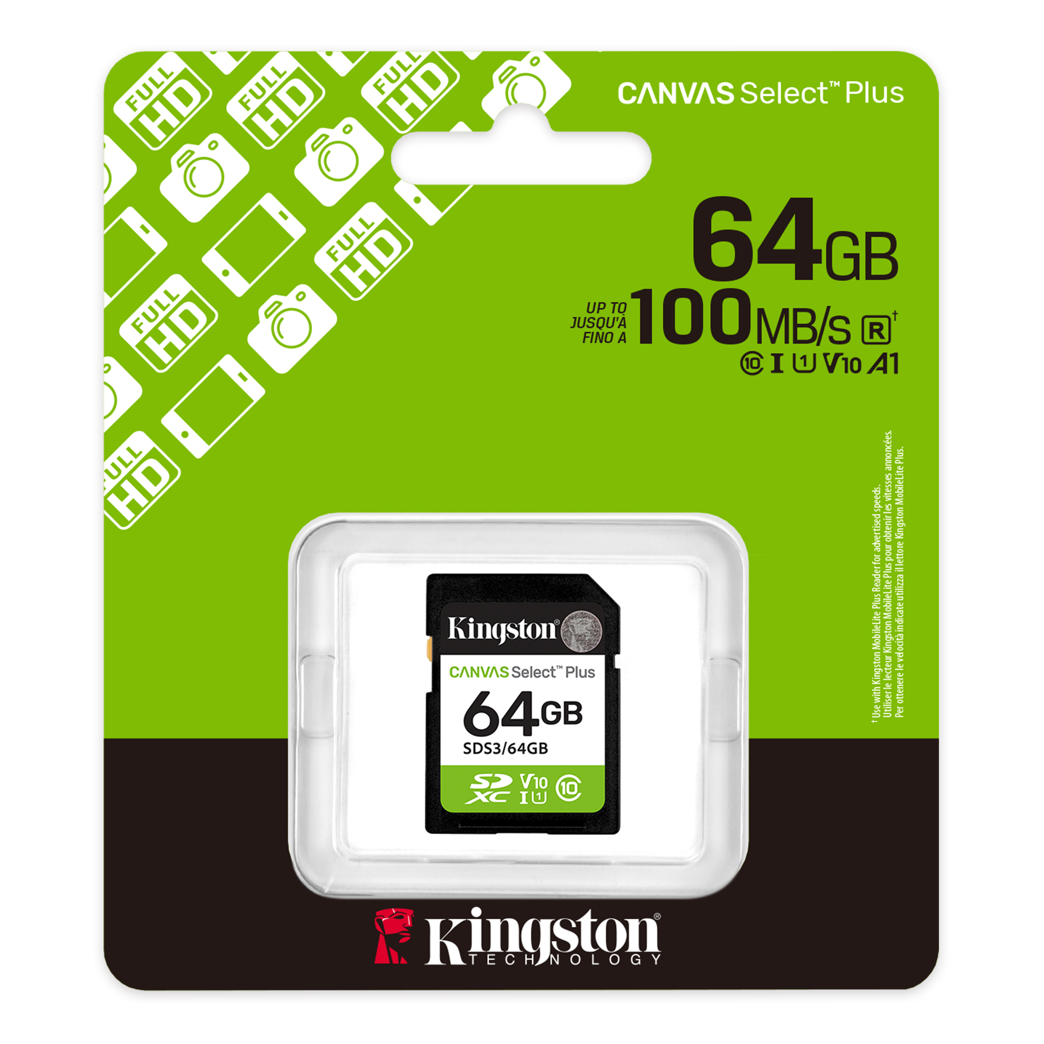 Kingston Canvas Select Plus 64GB Class 10 SD Memory Card For Full HD 1080p Video Cameras ( SDS3/64GB )